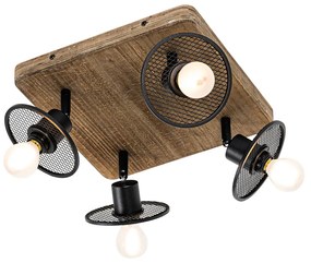 Industriële plafondspot zwart met hout 4-lichts - Jasmijn