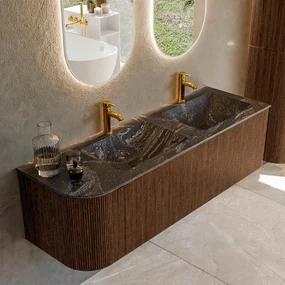 Mondiaz Kurve-dlux 145cm badmeubel ronding links walnut met 1 lade en deur en wastafel leaf dubbel/rechts 2 kraangaten lava
