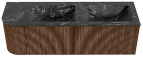 Mondiaz Kurve-dlux 145cm badmeubel ronding links walnut met 1 lade en deur en wastafel leaf dubbel/rechts 2 kraangaten lava
