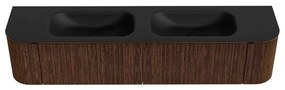 Mondiaz Kurve 200cm badmeubel ronding links/rechts walnut met 2 lades en deuren en wastafel big small dubbel 2 kraangaten urban