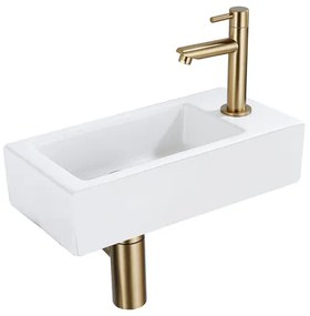 QeramiQ Fuente Fonteinset - 37.5x18.5x9cm - keramiek - kraangat rechts - fonteinkraan geborsteld messing - afvoerplug - verlaagd sifon - Mat wit SW1122446/SW696208/SW696218/SW696238