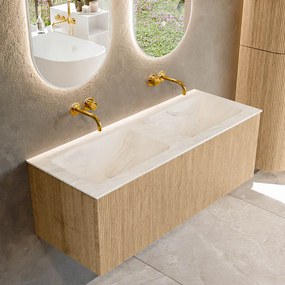 Mondiaz Kurve-dlux 120cm badmeubel oak met 1 lade en wastafel leaf dubbel zonder kraangat ostra