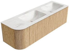 Mondiaz Kurve-dlux 145cm badmeubel ronding links oak met 1 lade en deur en wastafel leaf dubbel/rechts 2 kraangaten ostra