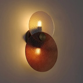 Art Deco wandlamp donker brons met amber glas 2-lichts - Text