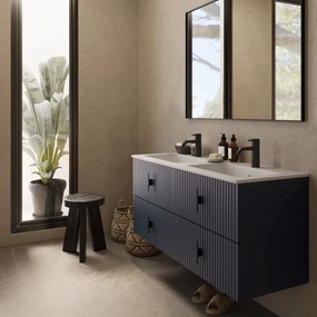 Muebles Avila badmeubel ribbelfront 120cm marine blauw met dubbele wastafel met kraangaten