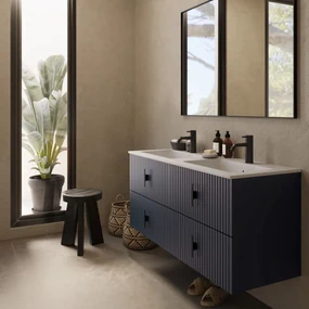 Muebles Avila badmeubel ribbelfront 120cm marine blauw met dubbele wastafel met kraangaten