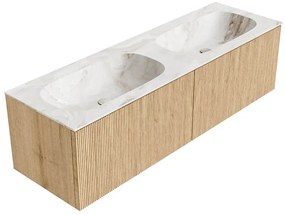 Mondiaz Kurve-dlux 150cm badmeubel oak met 2 lades en wastafel stor small dubbel zonder kraangat frappe