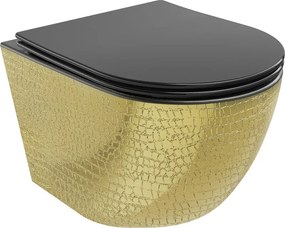 Mexen Lena wc-pot Rimless met langzaam vallende slanke toiletzitting, duroplast, matzwart/gouden schubbenpatroon - 30224078