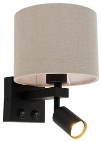 Wandlamp zwart met leeslamp en kap 18 cm lichtbruin - Brescia