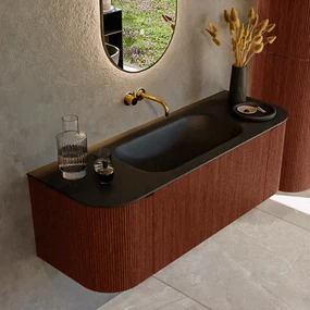 Mondiaz Kurve 130cm badmeubel ronding links/rechts ruby met 1 lade en 2 deuren en wastafel big small midden zonder kraangat urban
