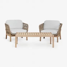 Woonkamerset Met 2 Fauteuils En Salontafel In Acaciahout En Gevlochten Touw Karvia Lichte Acaciekleur & Stof Gardenia Wit - Sklum