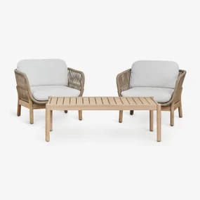 Woonkamerset Met 2 Fauteuils En Salontafel In Acaciahout En Gevlochten Touw Karvia Lichte Acaciekleur & Stof Gardenia Wit - Sklum