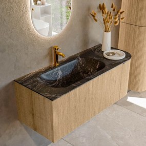 Mondiaz Kurve-dlux 115cm badmeubel ronding rechts oak met 1 lade en deur en wastafel big small kraangat links lava