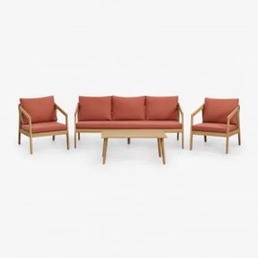 Woonkamerset Met 3-zitsbank, 2 Fauteuils En Salontafel Van Acaciahout En Gevlochten Touw Kaela Lichte Acaciekleur & Stof Terracota - Sklum