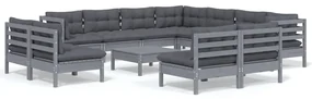 vidaXL 12-delige Loungeset met kussens massief grenenhout grijs