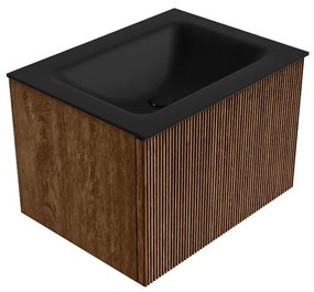 Mondiaz Kurve 60cm badmeubel walnut met 1 lade en wastafel cloud midden 1 kraangat urban