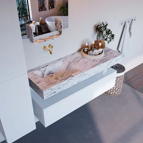 Mondiaz Alan DLux badmeubel 130cm talc 1 lade met wastafel glace links zonder kraangat