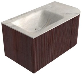 Mondiaz Kurve-dlux 85cm badmeubel ronding rechts ruby met 1 lade en deur en wastafel cloud links zonder kraangat ostra