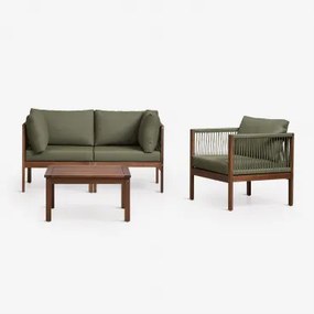 Woonkamer Set Met 2-delige Modulaire Bank Met Armleuningen, Fauteuil En Salontafel Van Acaciahout Branson Intens Olijfgroen - Donker Acaciabruin -