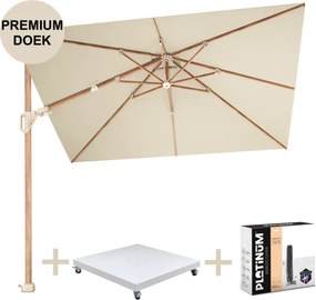 Challenger T2 premium parasol 260x350 cm teak champagne met zandkleur 90kg voet en hoes