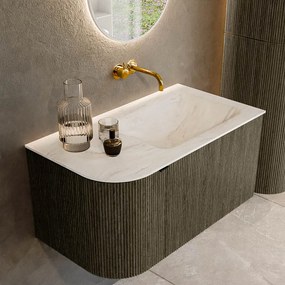 Mondiaz Kurve-dlux 85cm badmeubel ronding links shadow met 1 lade en deur en wastafel cloud rechts zonder kraangat ostra