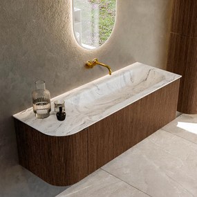 Mondiaz Kurve-dlux 135cm badmeubel ronding links walnut met 1 lade en deur en wastafel big medium rechts zonder kraangat glace