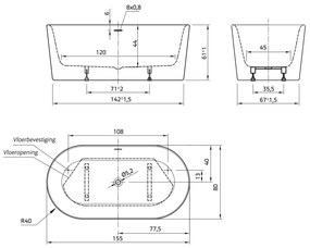 Xenz Friso vrijstand bad acryl 155x80x60cm met badvulcombinatie wit mat