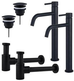 Fortifura Calvi Slim Wastafelkraanset - voor dubbele wastafel - verhoogde wastafelkraan - always open plug - verlaagde design sifon - Mat zwart 2x SW377836/2x SW696205/2x SW696215