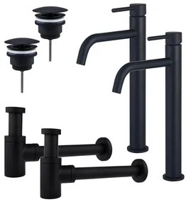 Fortifura Calvi Slim Wastafelkraanset - voor dubbele wastafel - verhoogde wastafelkraan - always open plug - verlaagde design sifon - Mat zwart 2x SW377836/2x SW696205/2x SW696215