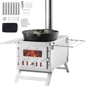 VEVOR Houtkachel, 80 inch, Roestvrijstalen Campingtentkachel, Draagbare Houtkachel met Schoorsteenpijpen en Handschoenen, 700 inch Grote Vuurkamer Tentkachel voor Buiten Koken en Verwarmen met 8 Pijpen