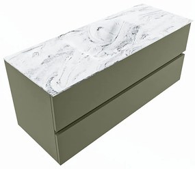 Mondiaz Vica DLux badmeubel 120cm army 2 lades met wastafel glace midden zonder kraangat