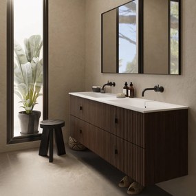 Muebles Avila badmeubel ribbelfront 160cm walnoot met dubbele wastafel zonder kraangaten