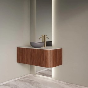 Gliss Design Alluro badmeubel ribbelfront met ronding rechts 100cm walnut en wit marmer toppaneel