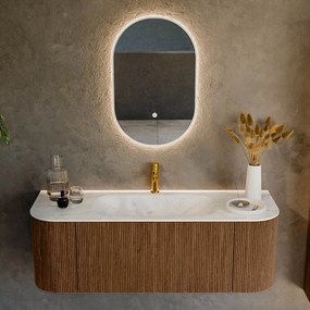 Mondiaz Kurve-dlux 130cm badmeubel ronding links/rechts walnut met 1 lade en 2 deuren en wastafel big small midden 1 kraangat opalo