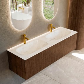 Mondiaz Kurve-dlux 150cm badmeubel walnut met 2 lades en wastafel stor small dubbel 2 kraangaten ostra