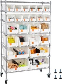 VEVOR vrijstaande opbergkast, opbergrek met 7 niveaus en 24 stapelbare dozen, boekenplank, keukenrek op wielen, gereedschapskast voor garage, magazijn, kantoor, restaurant, klaslokaal, keuken, 355x900x1480 mm