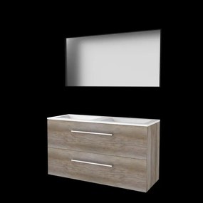 Basic-Line Framed 46 badkamermeubelset - 120x46cm - met grepen - 2 lades - acryl wastafel - 0 kraangaten - Spiegel - mat zwart aluminium frame - rondom - MFC Scotch Oak 1814010