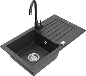 Mexen Pablo granieten gootsteen 1-kompartment met afdruiprek en keukenkraan Telma, zwart gespikkeld - 6510-76-670200-76