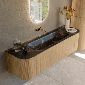 Mondiaz Kurve-dlux 160cm badmeubel ronding links/rechts oak met 1 lade en 2 deuren en wastafel big medium midden zonder kraangat lava