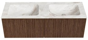 Mondiaz Kurve-dlux 130cm badmeubel walnut met 2 lades en wastafel leaf dubbel zonder kraangat frappe