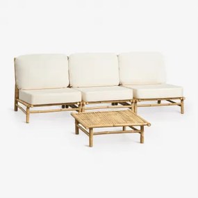 Tuinset Met Modulaire 3-zitsbank En Vierkante Salontafel 75x75 Cm Van Bamboe Isendra Stof Wit - Sklum