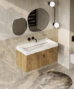 Muebles Calas badmeubel ribbelfront 100cm warm eiken met solid surface wastafel zonder kraangat