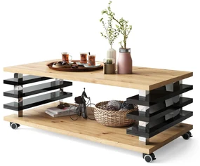 PORTO Eik Artisan/Zwart glans - MODERNE KOFFIETAFEL MET LAMELLEN 2IN1, OP WIELEN/POTEN