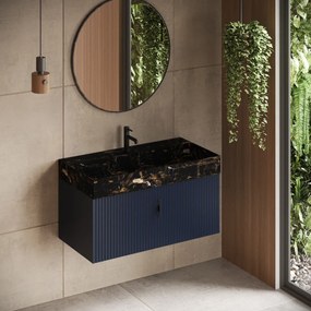 Muebles Zahora badmeubel ribbelfront 100cm marine blauw met Portoro Gold wastafel met kraangat