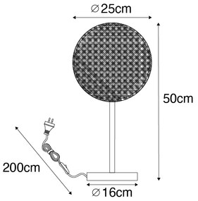 Landelijke tafellamp zwart met rotan 25 cm - KataOosters, Landelijk E27 rond Binnenverlichting Lamp