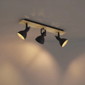 Plafondspot zwart met hout 3-lichts draai- en kantelbaar - Jakub