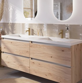 Saqu Gaia Actie badmeubel incl. dubbele glans witte wastafel 160x52x64cm naturel eiken – aluminium greeplijst