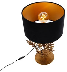 Vintage tafellamp goud 33 cm met velours kap zwart 35 cm - Botanica Landelijk E27 Binnenverlichting Lamp