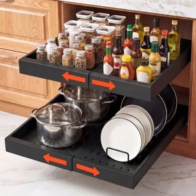 VEVOR 2 x Telescopische lade-organizer voor keukenkasten, 31-48 cm, 52 cm diepe uittrekbare lades voor kasten, uitschuifbare lades voor keukenkasten met nano-plakstrips, zwart