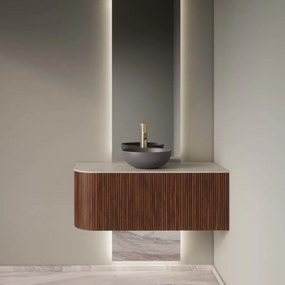 Gliss Design Alluro badmeubel ribbelfront met ronding links 100cm walnut en wit marmer toppaneel